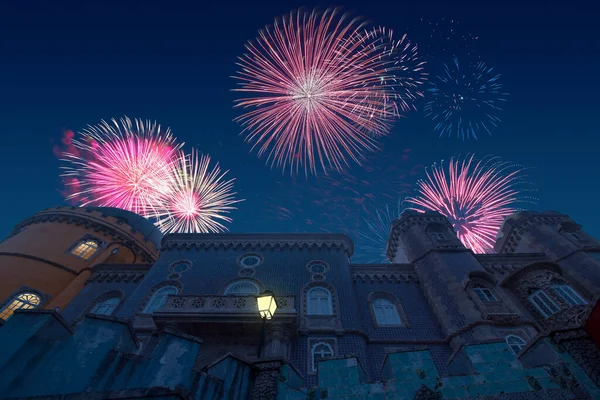 Feierliches Silvesterfeuerwerk Über Dem Palast Von Pena Sintra Palacio Pena — Stockfoto