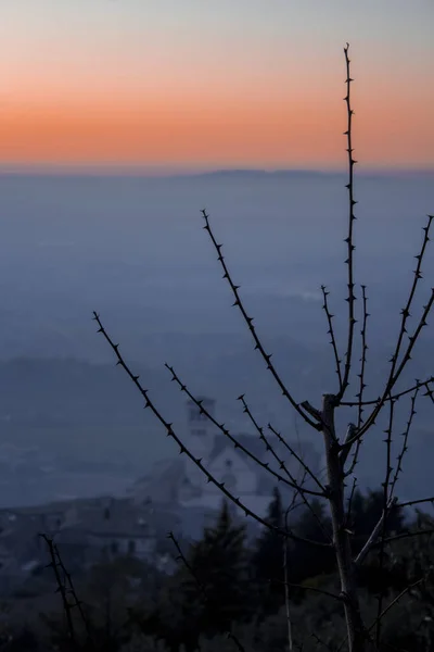 Tepelerden (Basilica Papale di San Francesco) Assisi Bazilikası 'nın panoramik manzarası. Gün batımında gökyüzünde dramatik renkler olan güzel altın bir akşam ışığı.
