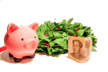 Çin kağıt para birimi Yuan Renminbi banknot ve muzaffer defne çelengi üzerinde Mao (Mao Zedong) portresi ile yalıtılmış beyaz arka plan