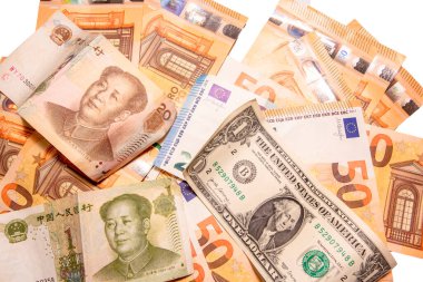 Elli euro banknotlar arka plan dokusu, Mao Zedong portresi 1 Çin kağıt para birimi Yuan renminbi ve bir USD dolar yakın çekim