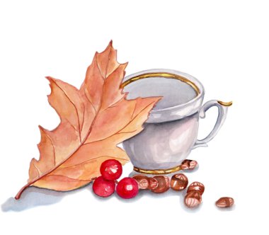 Beyaz izole edilmiş arka planda bir fincan, böğürtlen ve yapraklı natürmortun suluboya çizimi. Eski tasarım için canlandırıcı