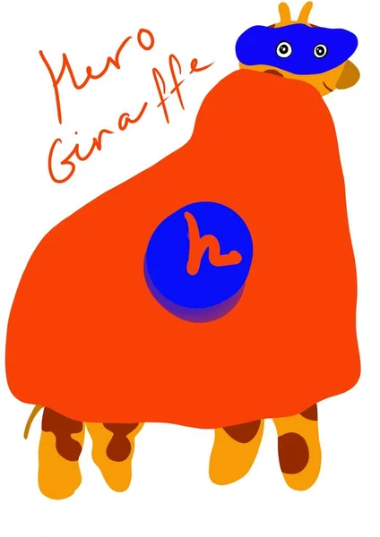 Beyaz yalıtılmış arka planda el yapımı çocuksu zürafa gibi dijital illüstrasyonlar. Çocuklar renkli zürafayı kahraman olarak çizdiler. Çağdaş sanat. Komik karalama stili