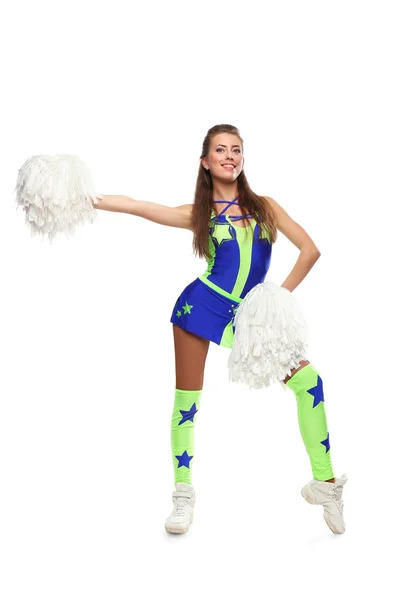 Cheerleader meisje permanent met pom poms op geïsoleerde achtergrond — Stockfoto