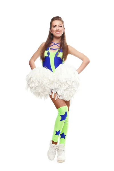 Cheerleader sorridente ragazza con pon pon — Foto Stock