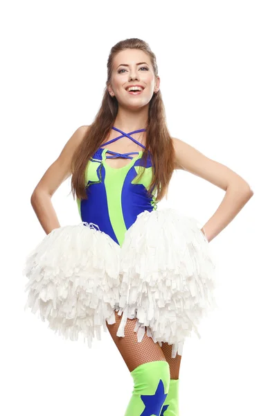 Cheerleader sorridente ragazza con pon pon — Foto Stock