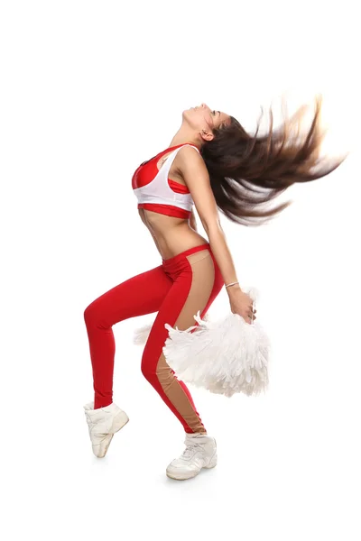 Cheerleader meisje met pom-pom golvend haar — Stockfoto