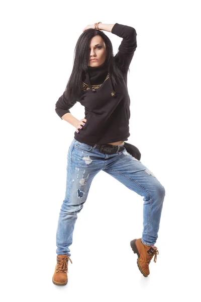 Moderna chica de baile hip-hop posan sobre un fondo aislado — Foto de Stock