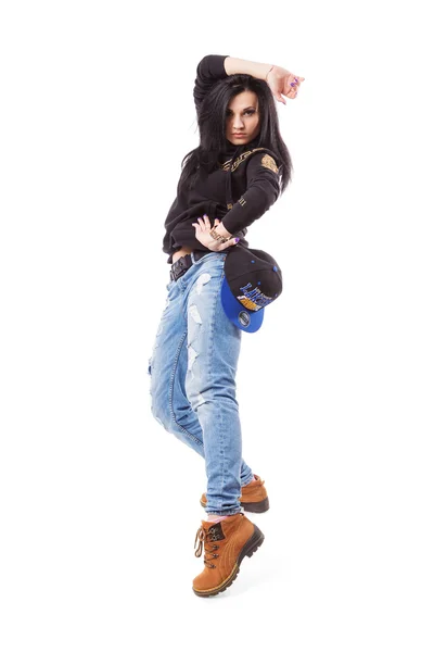 Moderna chica de baile hip-hop posan sobre un fondo aislado — Foto de Stock
