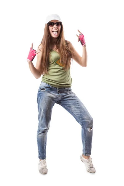 Modern hip-hop dance girl shows corna in fingerless gloves — Stock Photo, Image