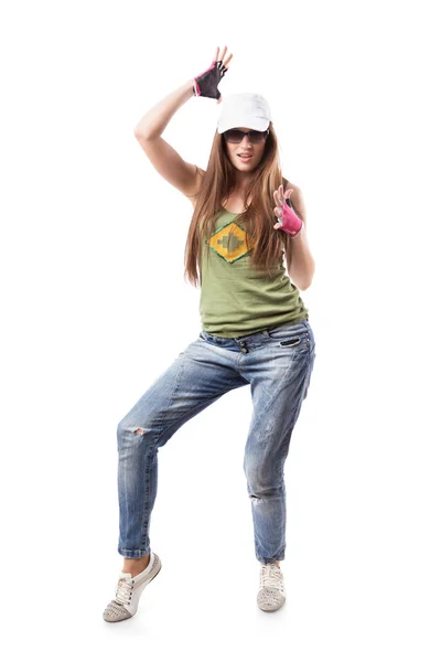 Moderna chica de baile hip-hop de pie sobre blanco — Foto de Stock