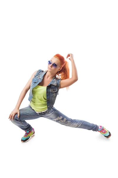 Modern hip-hop girl take a seat on isolated background — Stock Photo, Image
