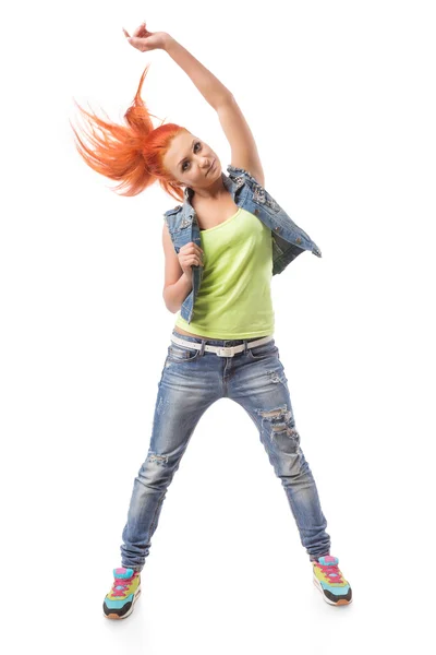 Modern hip-hop girl standing on isolated background — Stock Photo, Image