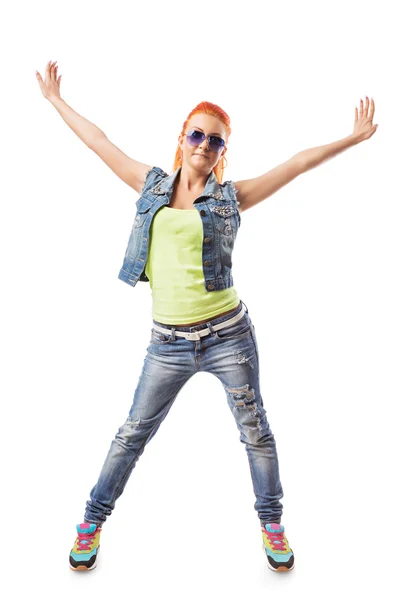 Modern hip-hop girl standing on isolated background — Stock Photo, Image