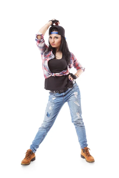 Moderne hiphop dans meisje pose op geïsoleerde achtergrond — Stockfoto
