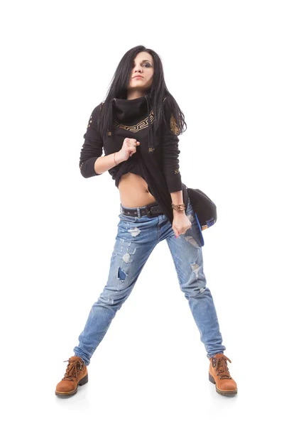 Moderna menina dança hip-hop mostrando umbigo — Fotografia de Stock