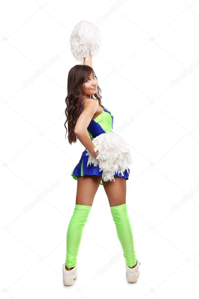 Cheerleader girl standing with pom-pom