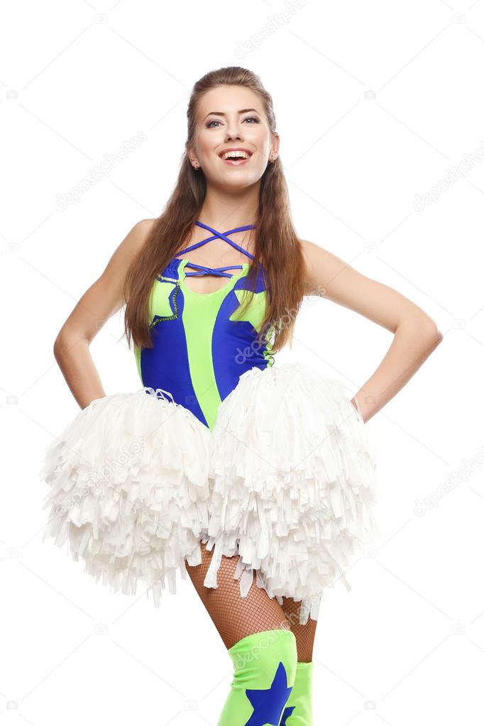 Cheerleader smiling girl with pom poms 