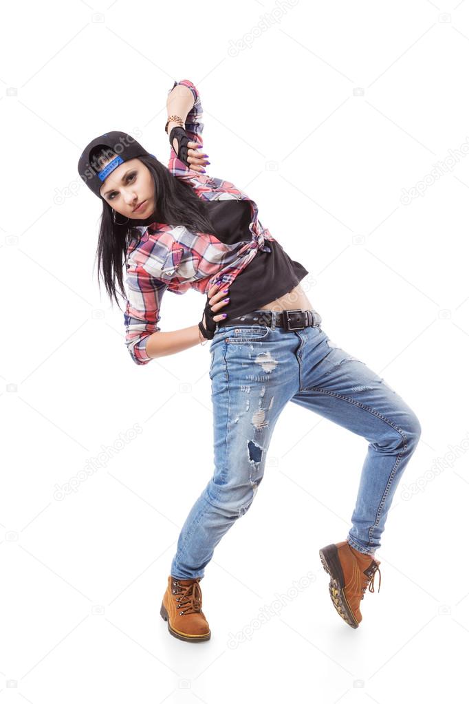 Modern Hip Hop Dance Girl Pose On Isolated Background Stock