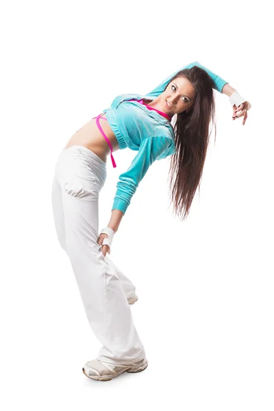 Young modern flexible hip-hop dance girl bends backwards with hanging hair. — Stock Photo, Image