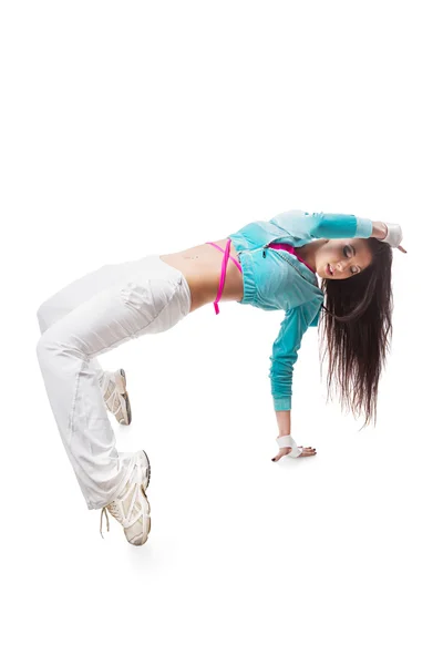 Young modern flexible hip-hop dance girl bends backwards bridge pose with hanging hair. — Stock Photo, Image