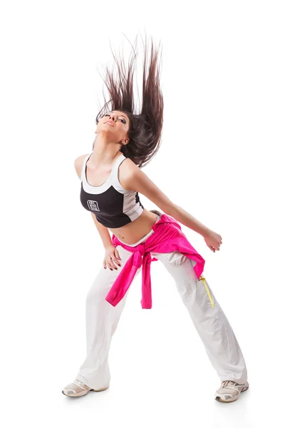 Dziewczynka młody nowoczesny elastyczne tańca hip-hop pochyla się do tyłu z wiszące włos. — Zdjęcie stockowe