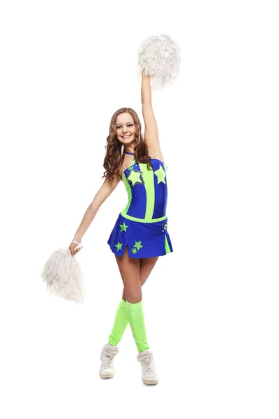 Young sports flexible cheerleader girl in the green-blue suit. — Stock Photo, Image