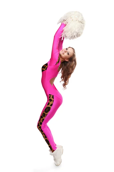 年轻体育灵活啦啦队女孩在狮子座套向后弯曲的粉红色. — 图库照片