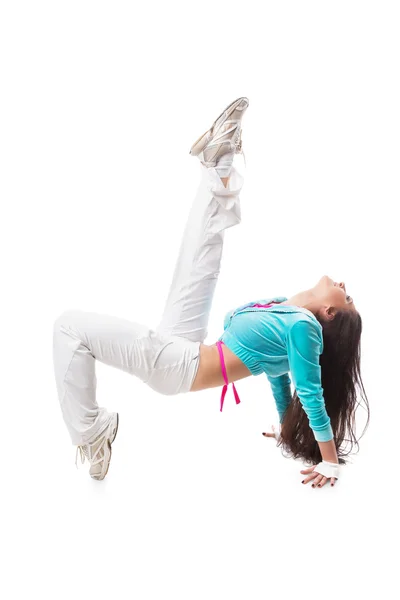 Jovem moderno flexível hip-hop dança menina dobra para trás ponte posar com cabelo pendurado . — Fotografia de Stock