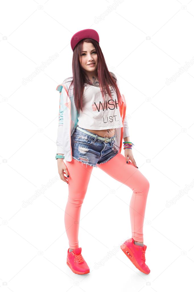 Young Hip Hop Swag Girl In Pink Tight Leggings Crop Top And In