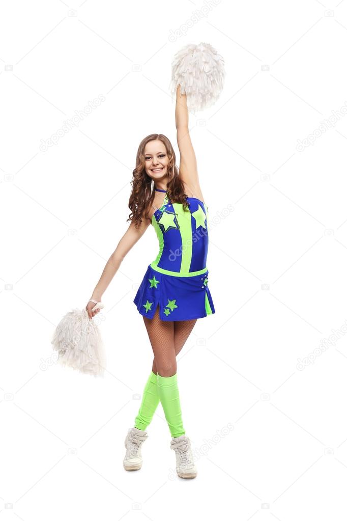 Young sports flexible cheerleader girl in the green-blue suit.