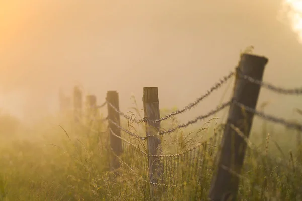 Old fence in the fog in England morning