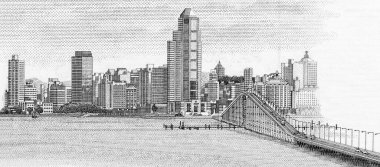 Macau Köprüsü ve manzarası. Macau, 20. yüzyıl. Makao 50 Patacas 'ın portresi 1992 Banknotları. 