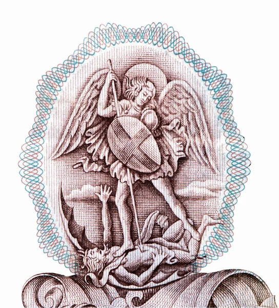ヴァン オーリーが生まれた街 ブリュッセルの守護聖人サンマイケルも描かれています 男性宮殿のファサード ベルギー銀行券からの肖像 — ストック写真