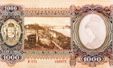 Budapeşte 'nin merkezinde köprü olan şehir manzarası. İki melek araca yandan saldırıyor. 1000 Pengo 1943 Banknotları 'nın portresi..