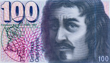 Mimar Francesco Borromini 'nin Portresi (1599-1667) İsviçre' den 100 franken 1975-1993 Banknotları.