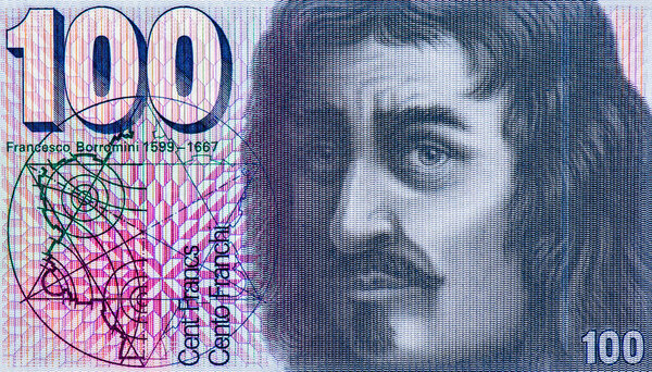 Портрет архитектора Франческо Борромини (1599-1667) из Швейцарии 100 франков 1975-1993.
