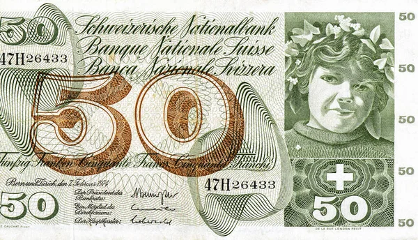 Kız Sviçre Sviçre Portresi Franken Frankı 1955 1958 Banknotları — Stok fotoğraf