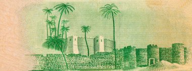 Fortress and palms, Portrait from Libye 1/4 Dinar 1984 Banknotes.  clipart