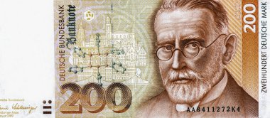 Paul Ehrlich, buildings of historic Frankfurt, the formula of Arsphenamine. Portrait from Germany 200 Deutsche Mark 1989 Banknotes. clipart
