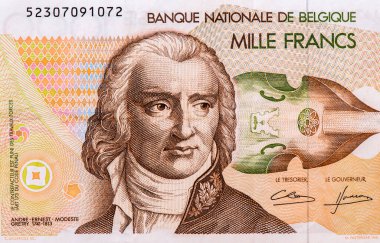 Besteci Andre-Ernest-Modeste Gretry (1741-1813). Bas kemanın bir parçası. Belçika 'dan portre 1000 Frank 1980 Banknotları.