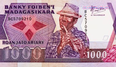 Şapkalı Malagasy flütçüsü. Madagaskar 'dan Portre 1000 Frank 200 Ariary 1988 Banknotes.