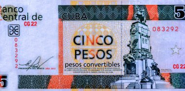 Antonio Maceo anıtı (1845 - 1896) Havana 'da. Küba 'dan Portre 5 Pesos Dönüştürülebilir 2006 Banknotları.