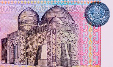 Hodja Ahmed Yasavi Mausoleum in Turkestan. Portrait from Kazakhstan 100 Tenge 1993 Banknotes. clipart