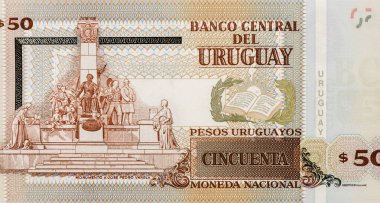 Montevideo 'daki Plaza Varela Plaza' da Jose Pedro Varela anıtı. Uruguay 'dan Portre 50 peso Uruguayos 2003 Banknotları. Uruguaylı sosyolog, politikacı, gazeteci ve eğitimcinin portresi 