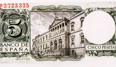 Madrid 'deki kütüphane ve müze binası. İspanya 'dan Portre 5 Peseta 1954 Banknotlar
