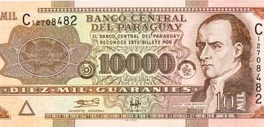 Dr. Jose Gaspar Rodriguez de Francia, Paraguay 'dan Portre 10000 Guaranies 2004 Banknotes.