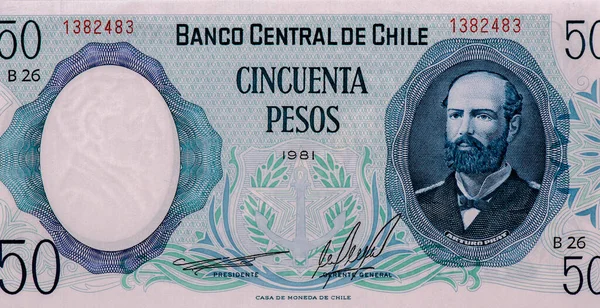 Captain Arturo Prat Portrait Chile Pesos 1981 Banknotes Naval Commander — Stock Photo, Image