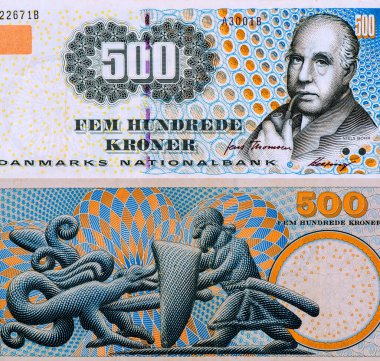 Niels Henrik David Bohr Danimarkalı bir fizikçi, Danimarka yapımı 500 Kroner 2003 model banknottur. Niels Bohr atom yapısı ve kuantum teorisi. 1922 yılında Nobel Fizik Ödülü 'nü aldı.. 