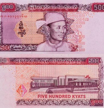 General Aung San. Myanmar 'dan portre 500 kyats 2020 Banknotlar.