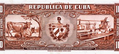 İnekler, süt şişeleme fabrikası Küba 'dan portre 10 peso 1960 Banknotları.